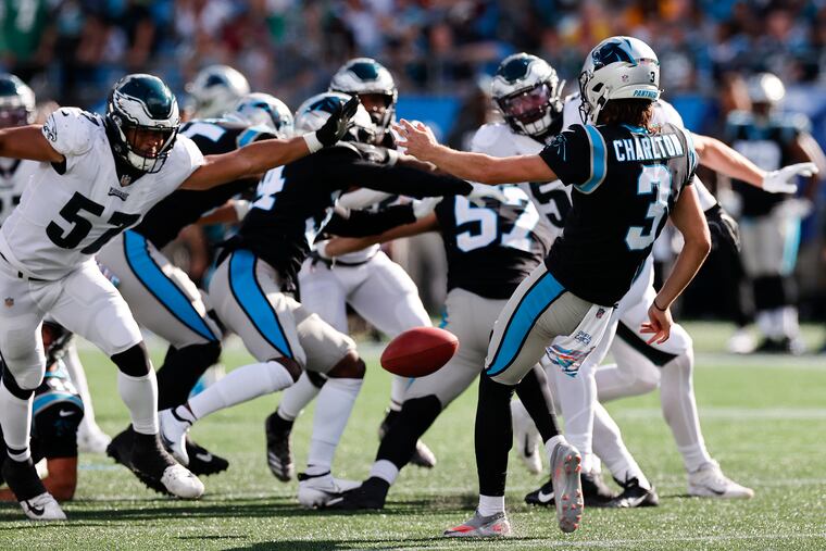 Eagles T.J. Edwards runs to block Joseph Charlton's fourth-quarter punt.