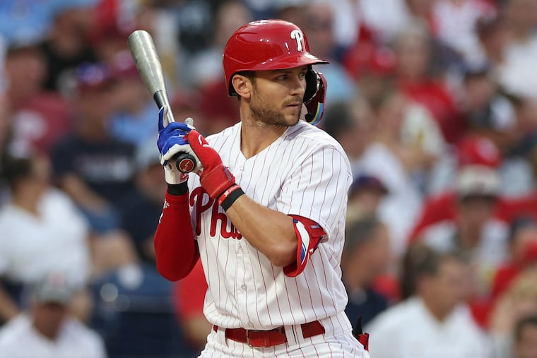 Phillies Trea Turner at bat against the St. Louis Cardinals on Friday, August 25, 2023 in Philadelphia.