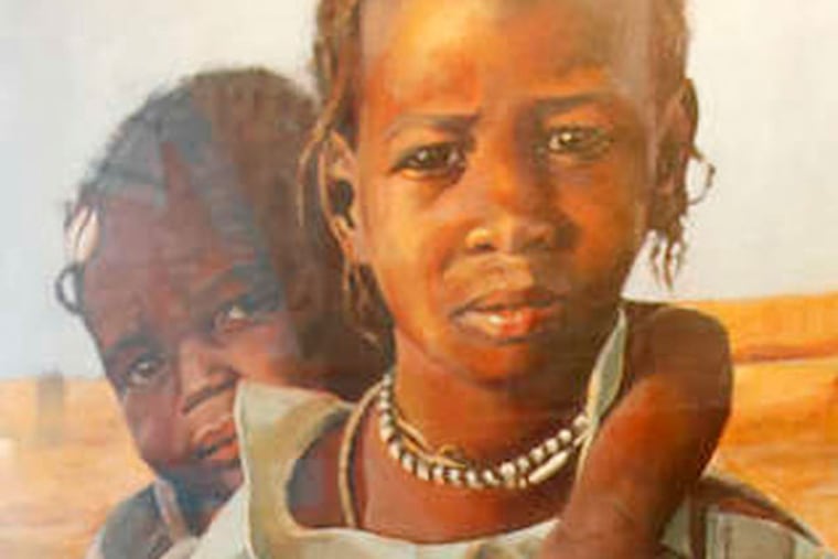 Debra Kapnek with her painting of children fleeing a village. (ALEJANDRO A. ALVAREZ / Staff Photographer)