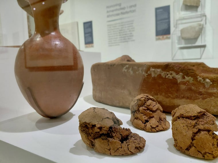 To properly prepare for their comfort in the Afterlife, the ancient Egyptians requested provisions, such as beer and bread loaves, like these three on view in "Ancient Egypt in Watercolors" exhibit at Penn Museum