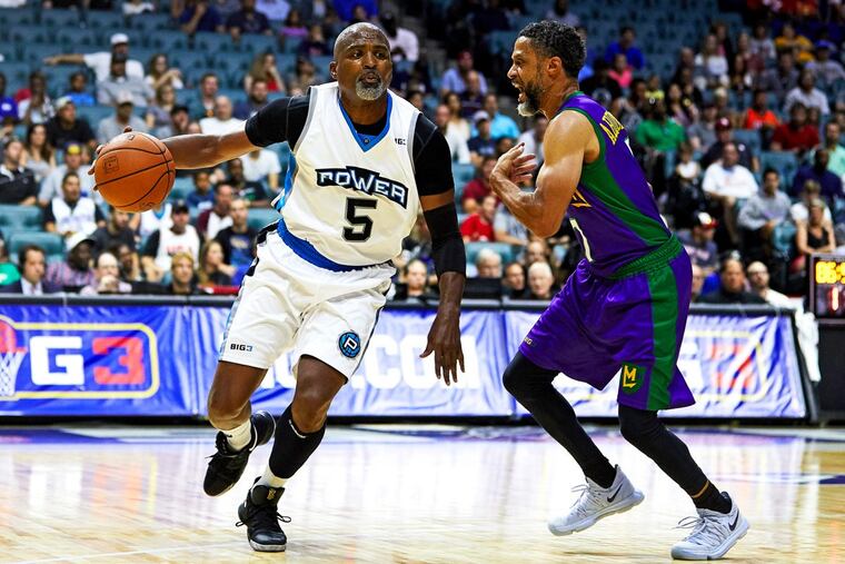 Cuttino Mobley (5), a Cardinal Dougherty grad, dribbles during a BIG3 basketball game on July 9, 2017 at the BOK Center in Tulsa, Okla.