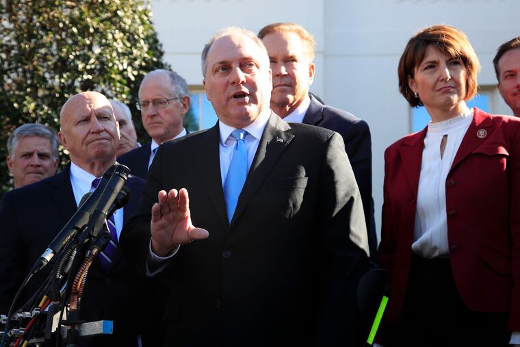 Rep. Rep. Steve Scalise, R-La., center, together with Rep. Kevin Brady, R-Texas, left, and Rep. Cathy McMorris Rodgers, R-Wa., right, and other Republican members of Congress speaks to reporters outside the West Wing of the White House following a meeting with President Donald Trump at the White House in Washington, Tuesday, March 26, 2019. (AP Photo/Manuel Balce Ceneta)