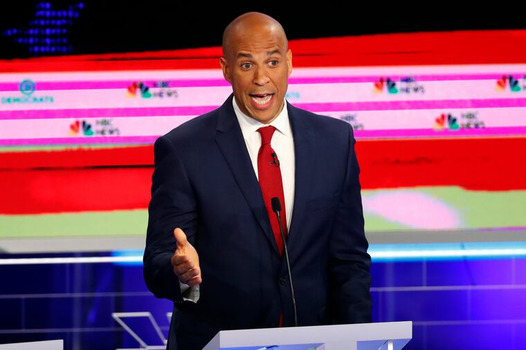 New Jersey Sen. Cory Booker speaks during Wednesday night's debate in Miami.