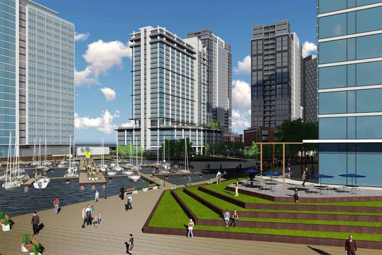 Artist’s rendering of Liberty on the River proposal as seen from northernmost pier.