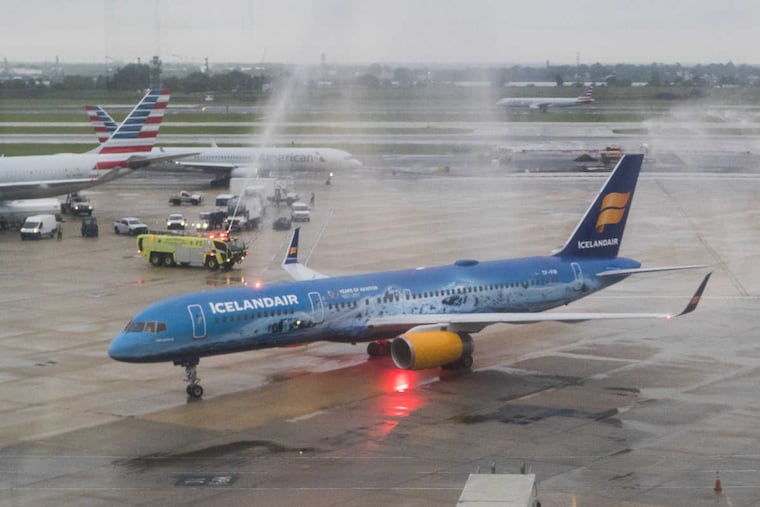 Icelandair’s inaugural flight to Philadelphia arrived at 7:15 p.m. Tuesday May 30, 2017. In honor of Icelandair’s 80th anniversary, the plane exterior is painted as a glacier -- Vatnajokul, the largest glacier in Europe which tumbles down Iceland’s highest mountain ridge. As with all new air service at PHL, fire trucks hose the plane with a water cannon salute as it arrives.