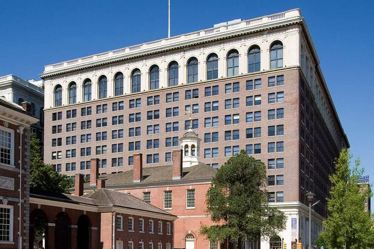 The exterior of the Public Ledger Building as seen on the southwest corner of Sixth and Chestnut Streets.