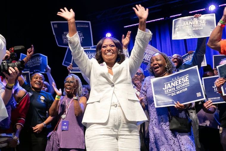 D.C. Council member Janeese Lewis George waves to the crowd as she celebrates after winning the D.C. mayor primary during an election night party at the Howard Theatre Tuesday, June 16, 2026, in Washington.