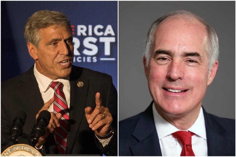 U.S. Rep. Lou Barletta, a Republican form Hazleton, (left) portrays U.S. Sen. Bob Casey Jr. (right) as ineffective. Casey, a Democrat from Scranton, touts his record of passing bipartisan legislation.
