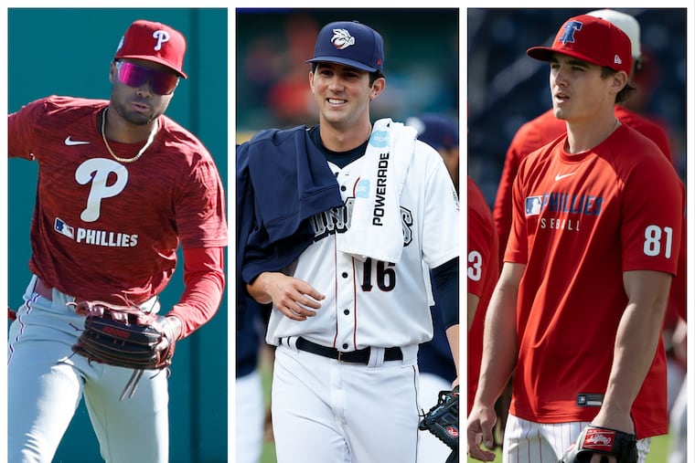 From left: Top prospects Justin Crawford, Andrew Painter, and Aidan Miller should all be contributors to the Phillies in 2026.