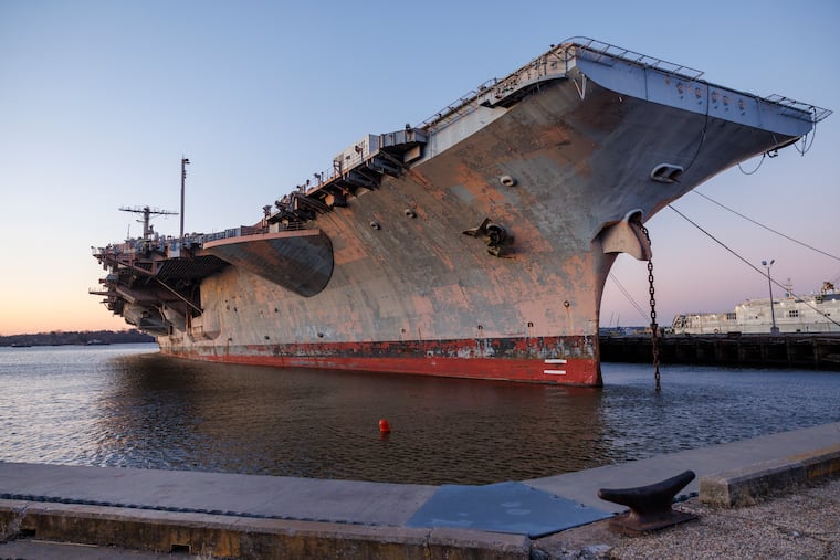 The USS John F. Kennedy aircraft carrier at the Navy Yard in South Philadelphia on Wednesday, Jan. 15, 2025. This decommissioned ship will leave Philadelphia.