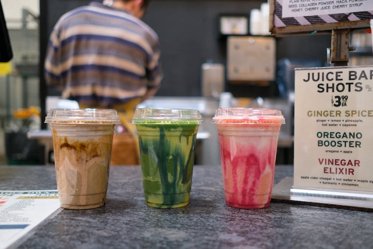 The smoothie menu at Riverwards Produce Market in Old City is small, featuring: The Powerlunch, a cold brew and banana smoothie sweetened with cocoa nibs and local honey and the Miami Vice, a pineapple and strawberry blend thickened with coconut cream.