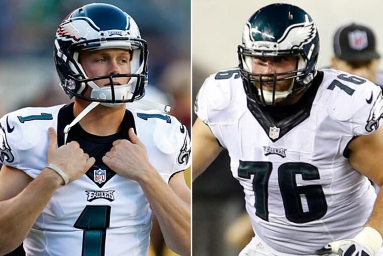 Eagles kicker Cody Parkey and offensive lineman Allen Barbre. (Yong Kim/Staff Photographer)