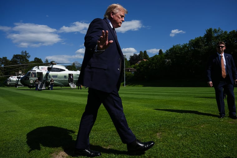 President Donald Trump waves to reporters as he arrives for the G7 summit, Monday, June 15, 2026, in Evian-les-Bains, France. Lawmakers say they need more information about his Iran deal.