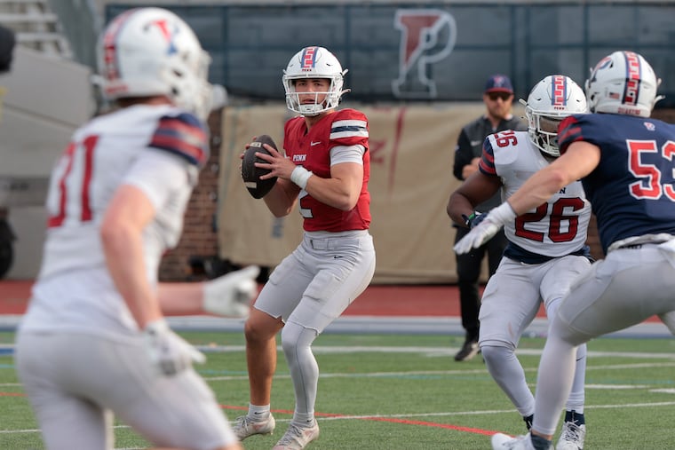 Penn quarterback Liam O’Brien looks to throw during Penn's annual spring football scrimmage Friday at Franklin Field.