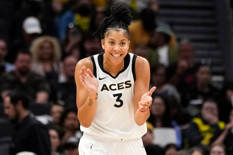 FILE - Las Vegas Aces forward Candace Parker reacts during the first half of a WNBA basketball game against the Seattle Storm, May 20, 2023, in Seattle. The three-time WNBA champion has announced she's retiring. Parker, a two-time league MVP, announced in a social media post on Sunday, April 28, 2024 that she's ending her career after 16 seasons. (AP Photo/Lindsey Wasson, File)