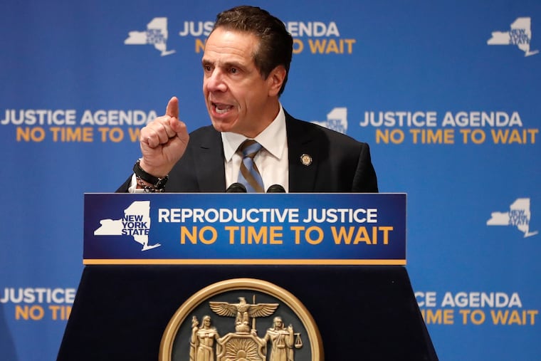FILE - In this Monday, Jan. 7, 2019 file photo, Gov. Andrew Cuomo speaks during an appearance with former Secretary of State Hillary Clinton where both Democrats called for codifying abortion rights into New York State law during a joint appearance at Barnard College in New York. Cuomo says Trump's Supreme Court nominees "don't even pretend to be objective jurists. They've already announced their intention to impose their morality on the nation and roll back Roe v. Wade." (AP Photo/Kathy Willens)