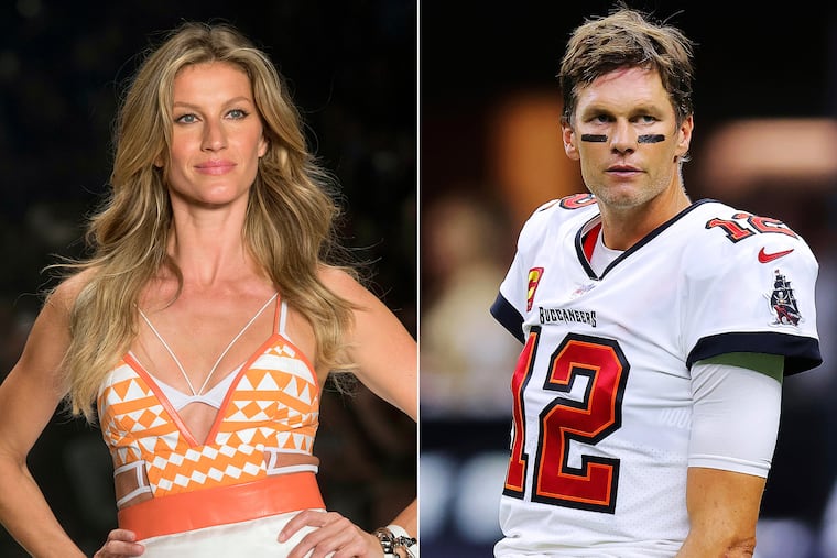 This combination of photos shows Brazilian supermodel Gisele Bundchen modeling the Colcci Summer collection at Sao Paulo Fashion Week in Sao Paulo, Brazil, on April 15, 2015, left, and Tampa Bay Buccaneers quarterback Tom Brady before an NFL football game against the New Orleans Saints, on Sept. 18, 2021, in New Orleans. The couple announced Friday they have finalized their divorce, ending their 13-year marriage.