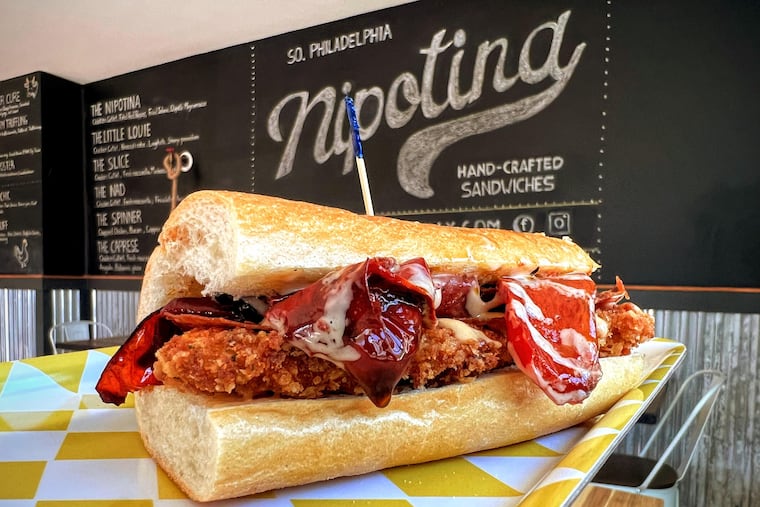 The Nipotina, the signature sandwich at Nipotina, has chicken cutlet, fried Genoa salami, fried red peppers, and chipotle mayo.