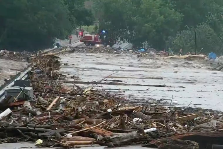 Water rises from severe flooding along the Guadalupe River.in Kerr County, Texas on Friday, July 4, 2025. (KSAT via AP)