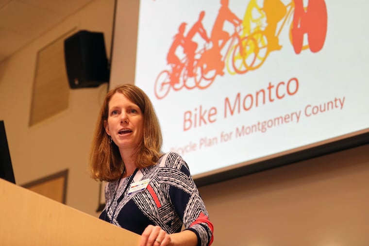 Jody L. Holton, AICP, Ececutive Director speaks as Montgomery County unveils the early stages of its "Bike Montco" plan that will overhaul sections of roadways in the county to encourage use by cyclists,