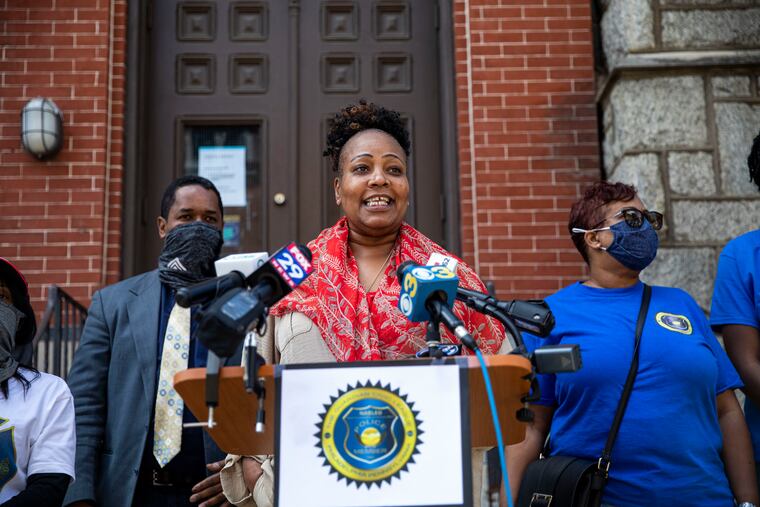 Philadelphia Sheriff Rochelle Bilal, shown here at a May 2021 news conference speaking in support of District Attorney Larry Krasner, was in line to received a 105% raise under a plan that was rejected by city finance officials. Some of her top staff still got hefty pay bumps.