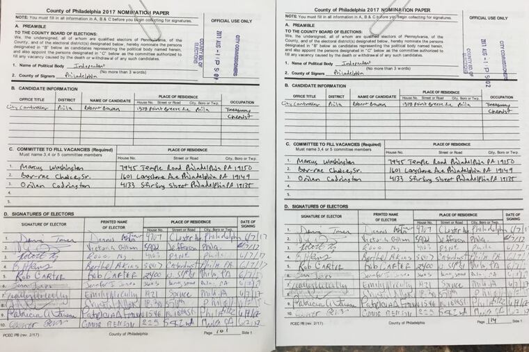 An example of a page of nomination petition signatures submitted by Rob Bowers (left) and an apparent photocopy that was also submitted as separate signatures.