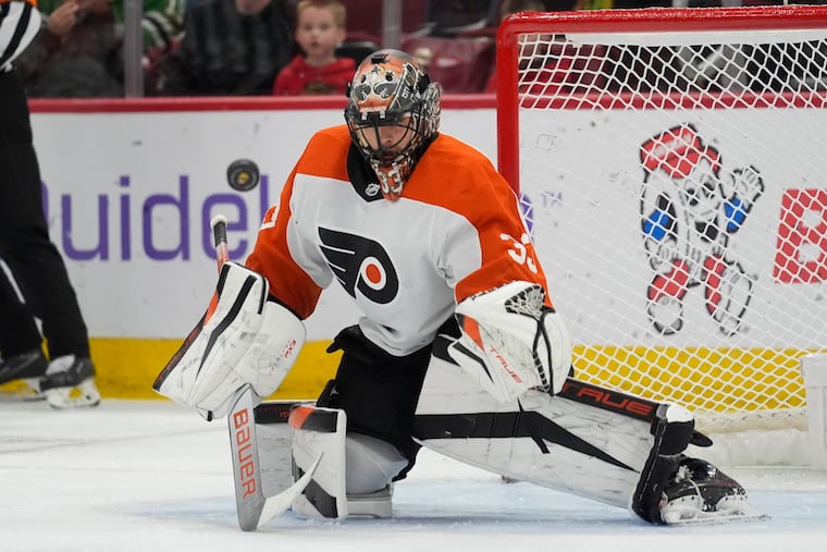 Flyers goaltender Samuel Ersson makes a save against the Chicago Blackhawks during the second period on Feb. 21.