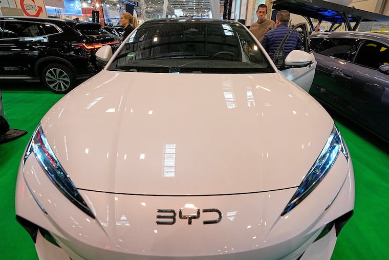 A BYD electric car on display in Essen, Germany, in December. BYD's sales in the top 10 European markets quadrupled in 2025 compared with the previous year, according to one data company. Tesla sales slumped 30% over the same period.