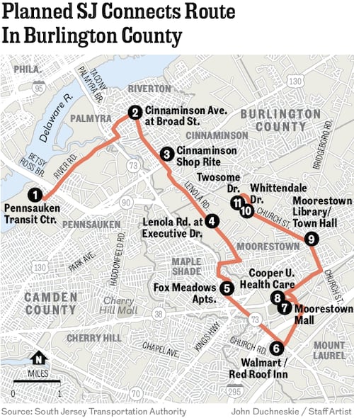 Map showing the planned SJ Connects shuttle routes through South Jersey