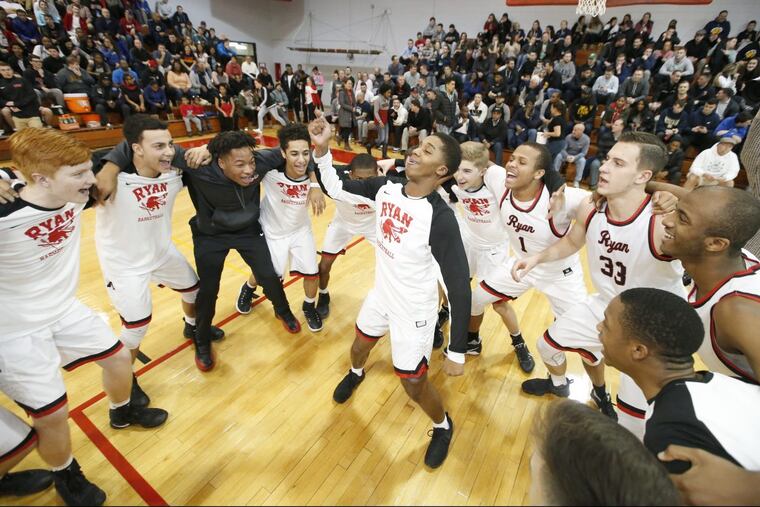 Archbishop Ryan huddles up before their game against Archbishop Wood on Jan 6, 2017.
