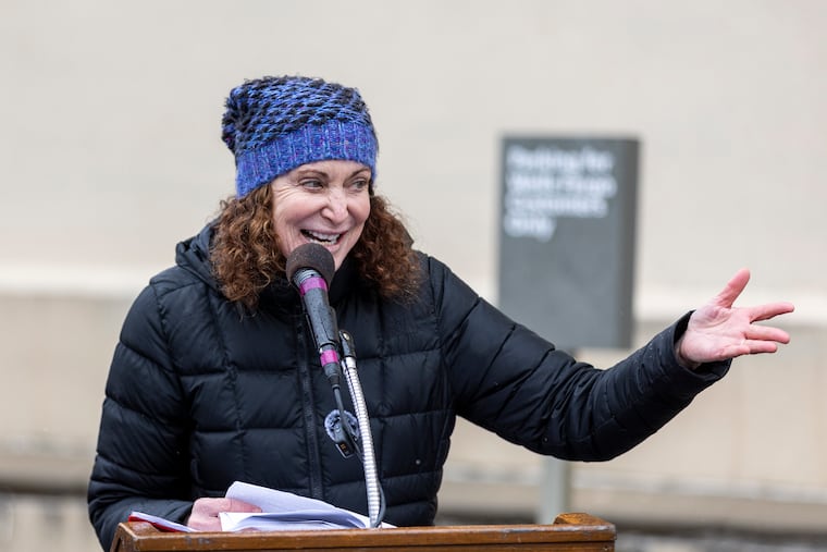 Jane Golden, executive director for Mural Arts Philadelphia, speaks at the unveiling of a mural of Phillies great Dick Allen in December 2023.