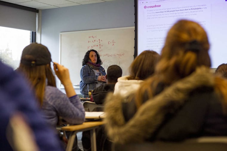 Saint Joseph University Psychology and Criminal Justice professor Maria Kefalas giving a lecture to her class who's assignment it is to raise money to fund a scholarship for a student at the Boys Latin school. Tuesday afternoon at Saint Joseph University Merion Hall, Philadelphia.