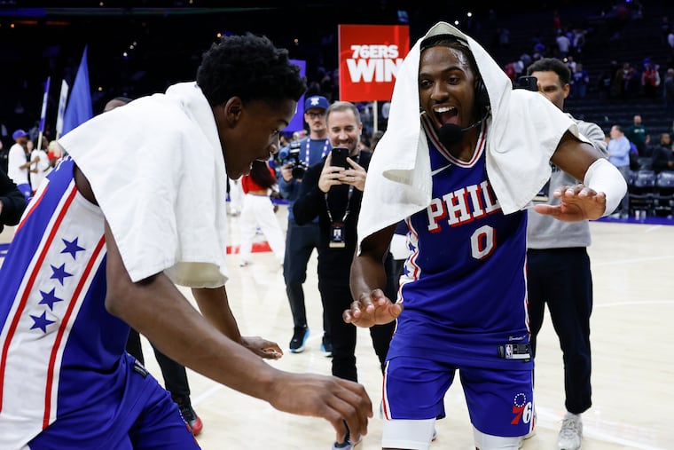 Tyrese Maxey (right) and VJ Edgecombe combined for 69 of the Sixers' 136 points against the Magic on Monday night at Xfinity Mobile Arena.