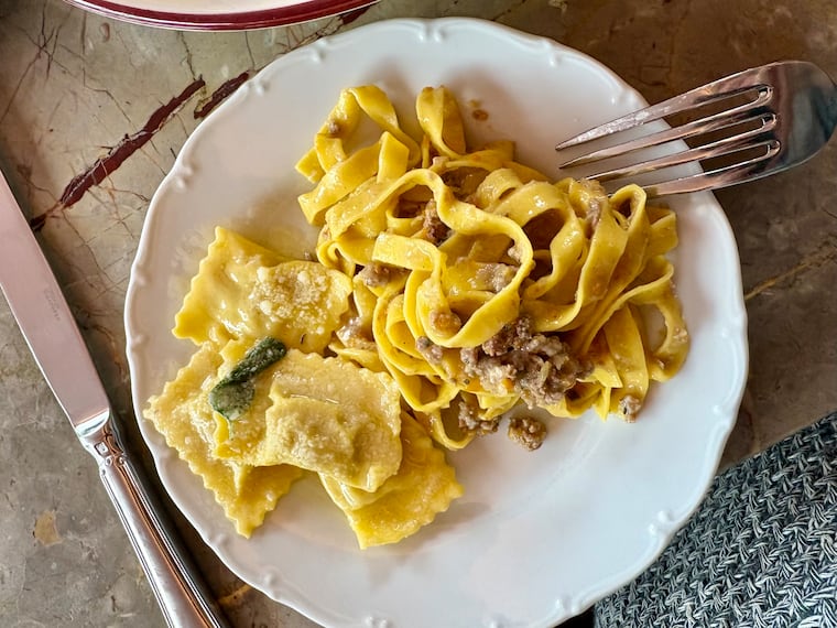 Sausage-stuffed ravioli and tagliatelle with lamb ragù at Pasta Pooks in Montreal.