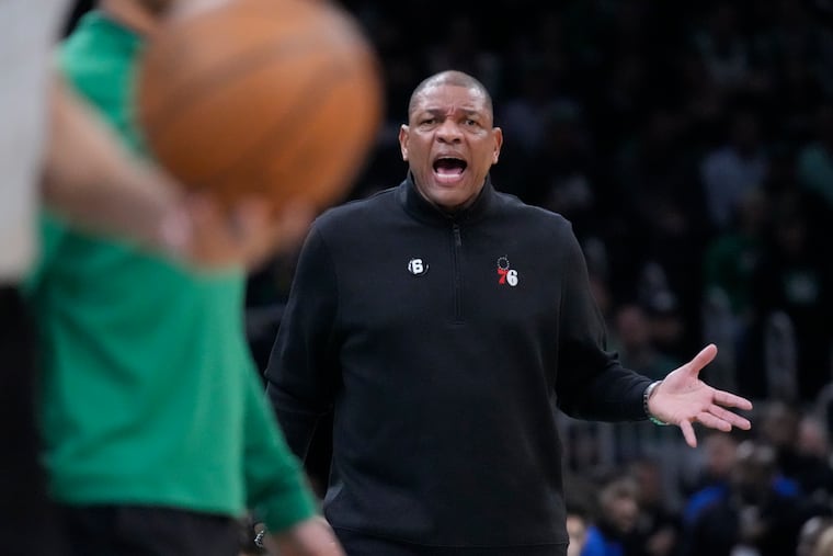 Philadelphia 76ers head coach Doc Rivers argues a call during the first half of an NBA basketball game against the Boston Celtics, Wednesday, Feb. 8, 2023, in Boston. (AP Photo/Charles Krupa)