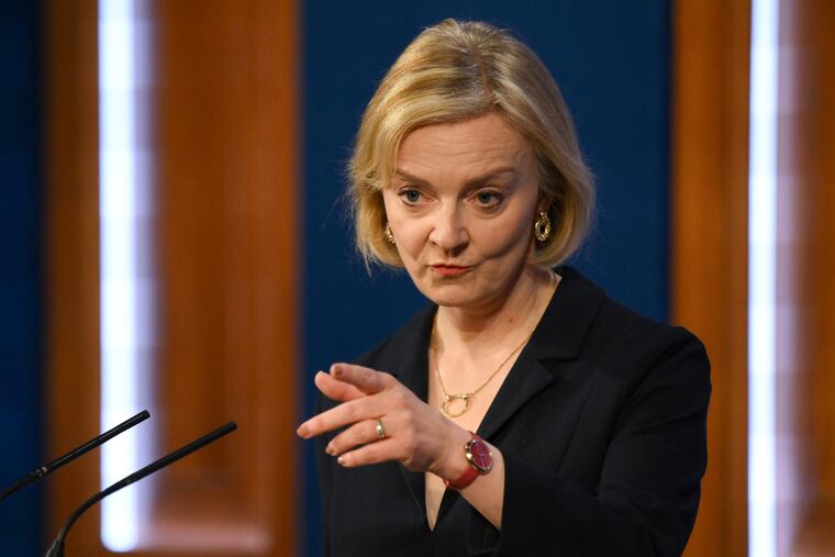 Britain Prime Minister Liz Truss at a press conference in the Downing Street Briefing Room on Friday.