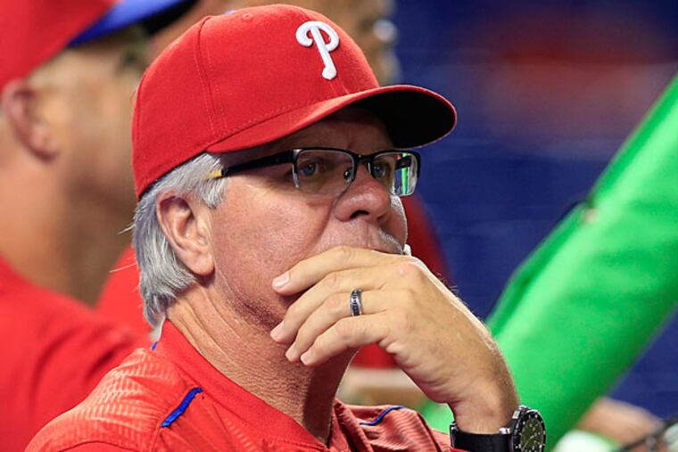 Philadelphia Phillies manager Pete Mackanin looks on prior to the game against the Miami Marlins at Marlins Park.