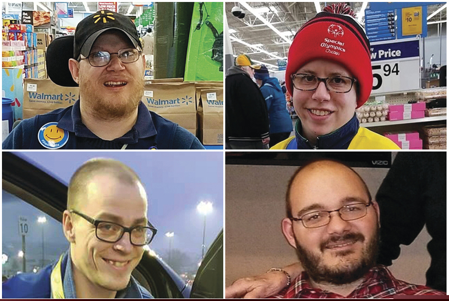 This combination of images shows Walmart greeters, clockwise from top left, John Combs in Vancouver, Wash., Ashley Powell in Galena, Ill., Mitchell Hartzell in Hazel Green, Ala., and Adam Catlin in Selinsgrove, Pa. Combs, Powell, Hartzell and Catlin are among disabled Walmart greeters threatened with job loss as Walmart transforms the greeter position into one that’s more physically demanding. After more than a week of backlash, Greg Foran, president and CEO of Walmart's U.S. stores, said in a memo to store managers Thursday, Feb. 28, 2019, that "we are taking some specific steps to support" greeters with disabilities. (Rachel Wasser/Tamara Ambrose/Gina Hopkins/Holly Catlin via AP)