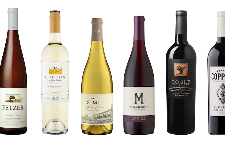 Fetzer Monterey County Gewurztraminer, Oberon Napa Valley Sauvignon Blanc, Simi Sonoma County Chardonnay, MacMurray Central Coast Pinot Noir, Bogle "Old Vine" California Zinfandel and Francis Ford Coppola "Diamond Collection" California Cabernet Sauvignon