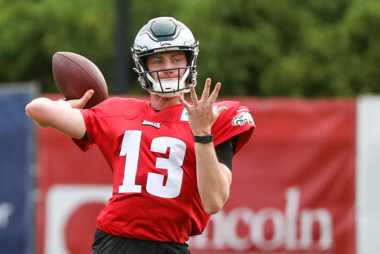 Eagles quarterback Reid Sinnett throws the ball at training camp at the NovaCare Complex in Philadelphia.