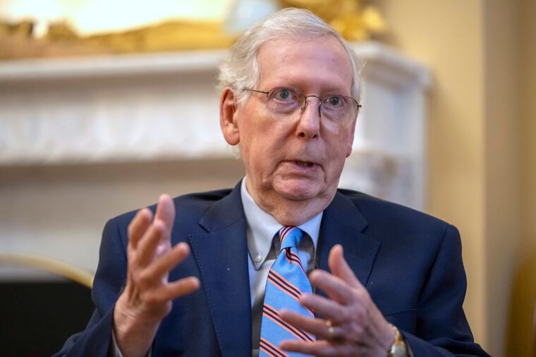 Republican Sen. Mitch McConnell speaks during an interview with the Associated Press at his office in the Capitol in 2023.