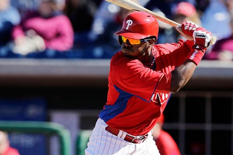 Philadelphia Phillies' Zach Collier in action during a spring training exhibition baseball game against the Washington Nationals, Wednesday, March 6, 2013, in Clearwater, Fla. (AP Photo/Matt Slocum)