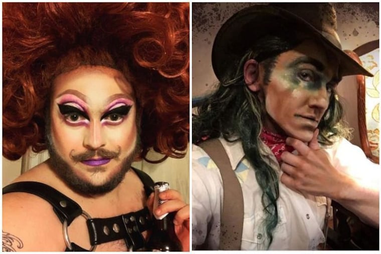 Drag queen Swan Flambe, at left, and drag king Henlo Bullfrog, at right, are among the eight artists putting on an online drag performance Wednesday night.