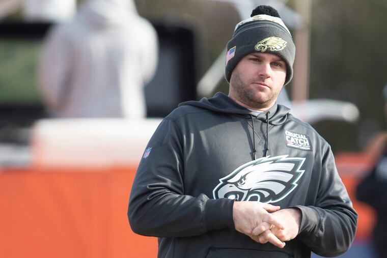 Philadelphia Eagles' Coach, Press Taylor looks on during NFL football practice at the Nova Care Complex, Philadelphia. Wednesday, December 12, 2018. JOSE F. MORENO / Staff Photographer