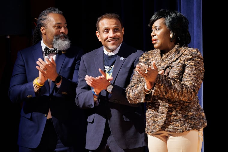 School board president Reginald Streater, Superintendent Tony B. Watlington Sr., and Mayor Cherelle L. Parker, shown in this January file photo, appeared before City Council Tuesday to discuss the Philadelphia School District's 2025-26 budget.