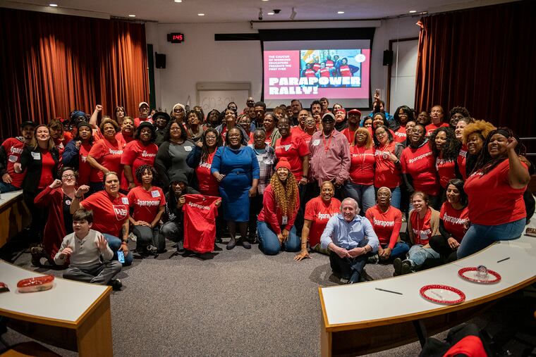 A group of Philadelphia School District paraprofessionals gathered in 2019 to organize and draw attention to their low salaries. Paraprofessionals could benefit from a new campaign to have Philadelphia teachers donate their stimulus checks to those in need.