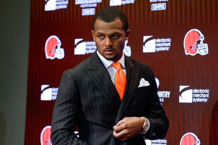 Cleveland Browns quarterback Deshaun Watson, shown entering a news conference at team's training facility March 25 in Berea, Ohio.