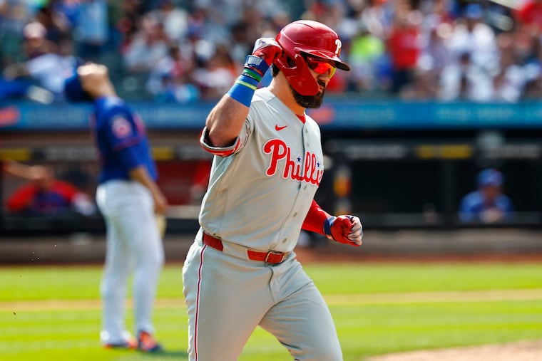 Kyle Schwarber reacts after hitting a two-run home run off New York Mets pitcher Kodai Senga during the seventh inning on Sunday.