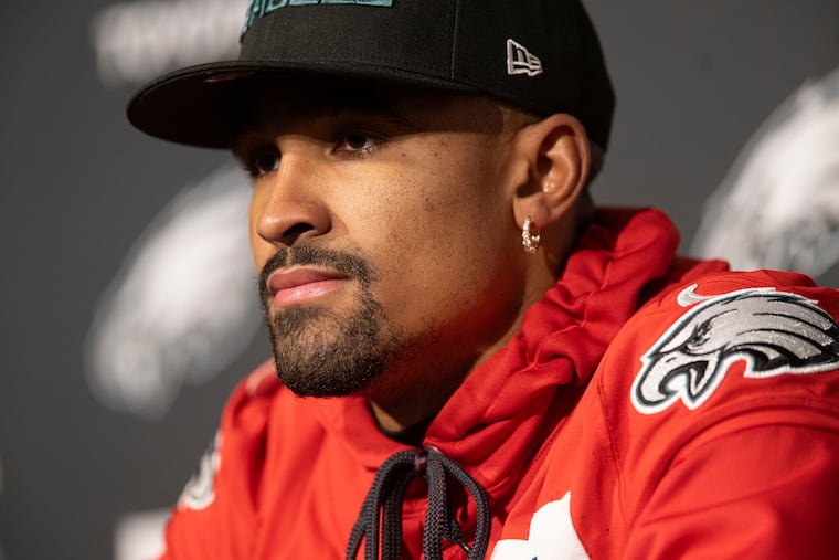 Philadelphia Eagles quarterback Jalen Hurts talks to the media after an NFL football workout, Friday, Jan. 27, 2023, in Philadelphia. The Eagles are scheduled to play the San Francisco 49ers Sunday in the NFC championship game.