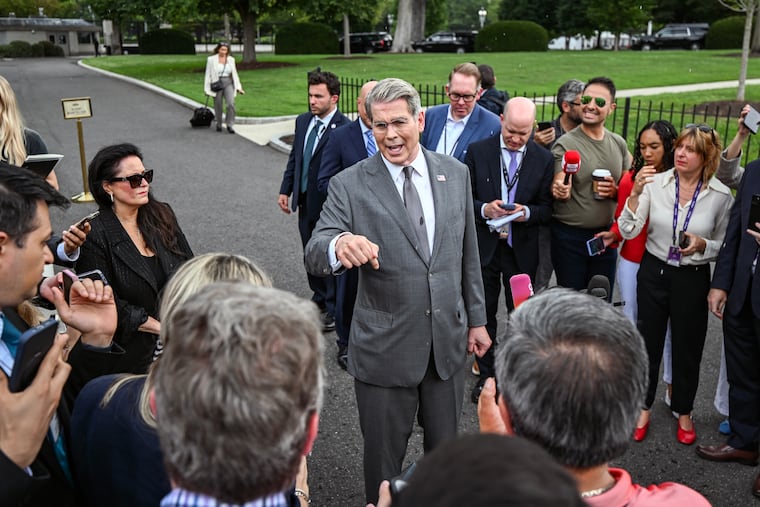 Treasury Secretary Scott Bessent speaks to reporters outside the White House in Washington on Thursday, Aug. 20, 2026. Bessent is expected to detail new economic measures targeting Iran on Monday.